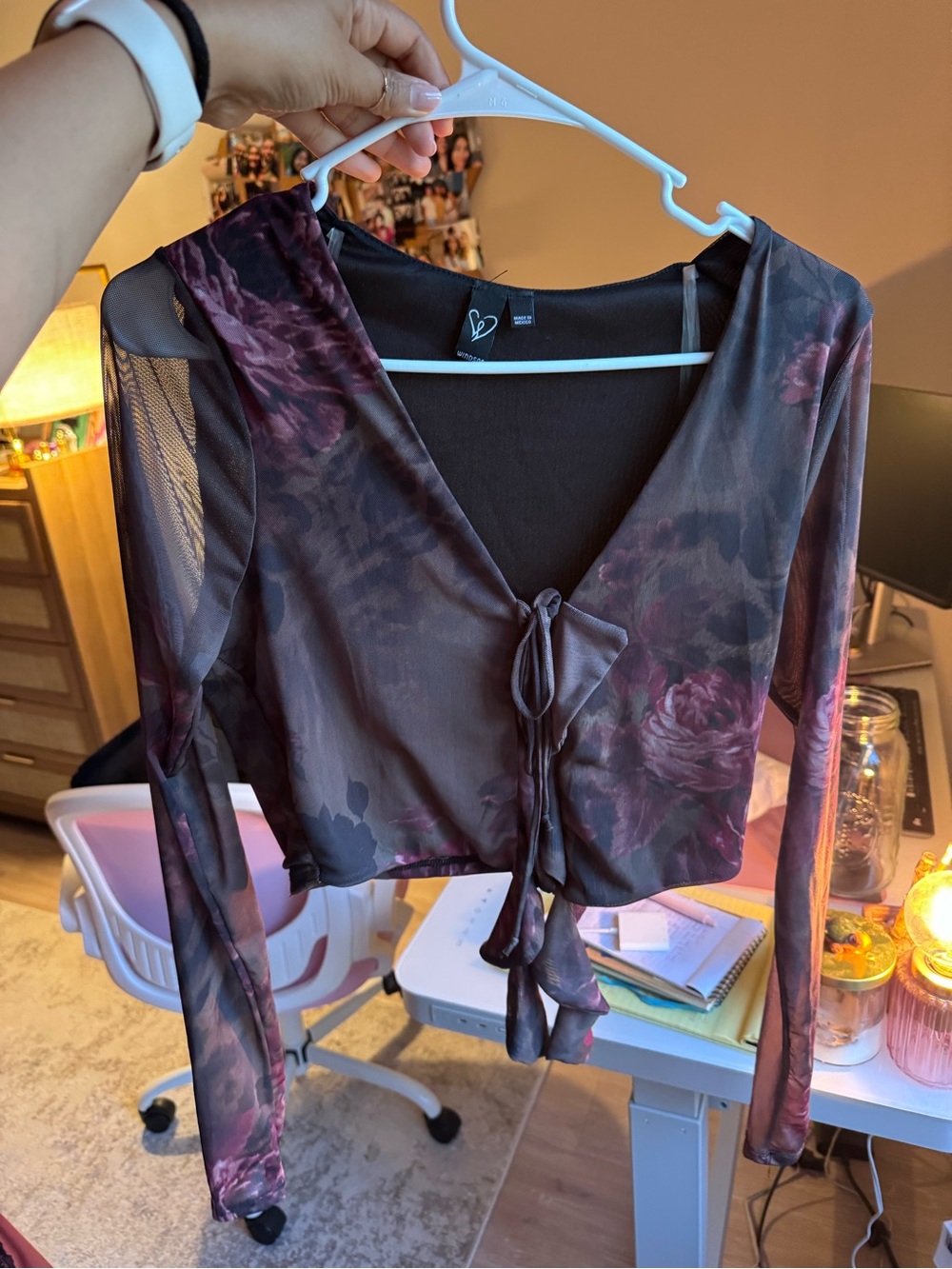 Windsor Sheer Tie-Front Floral Long Sleeve Top - Plum Floral